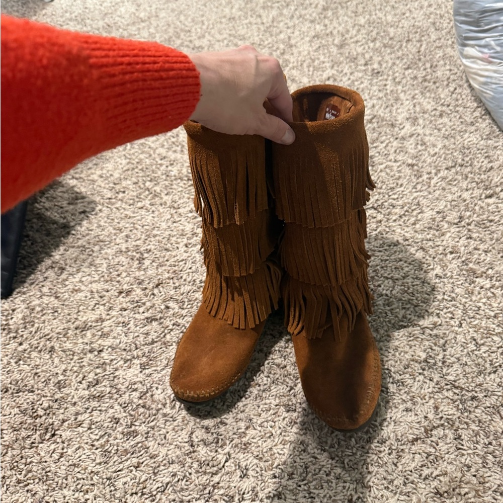 Minnetonka Chestnut Suede Moccasin Slip-Ons - Picture 2 of 4